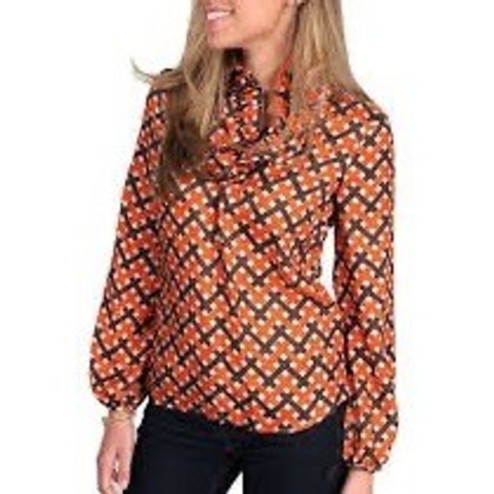 ELIZABETH MCKAY 100% Silk Orange Geometric Retro Mod Ruffle Neck Blouse Size 4